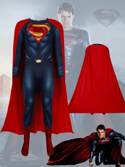 Superman costume full body site and cape for cosplay, Halloween adult