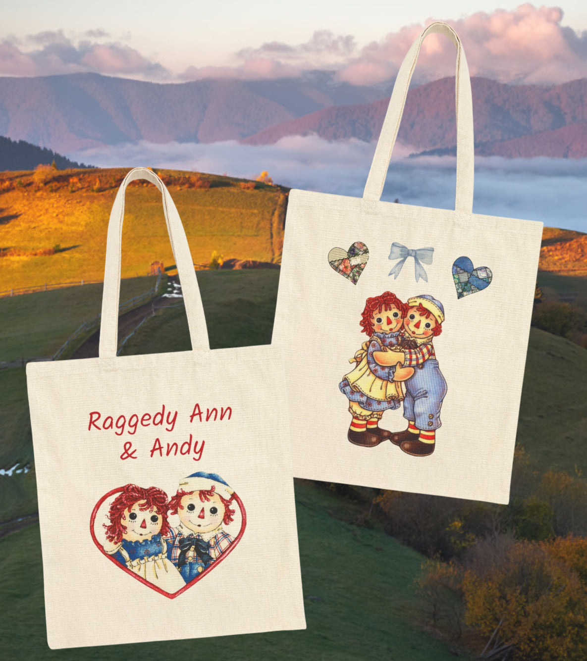 Raggedy Ann and Andy Vintage Retro Country Charm Patch Style Cotton Canvas Tote Bag