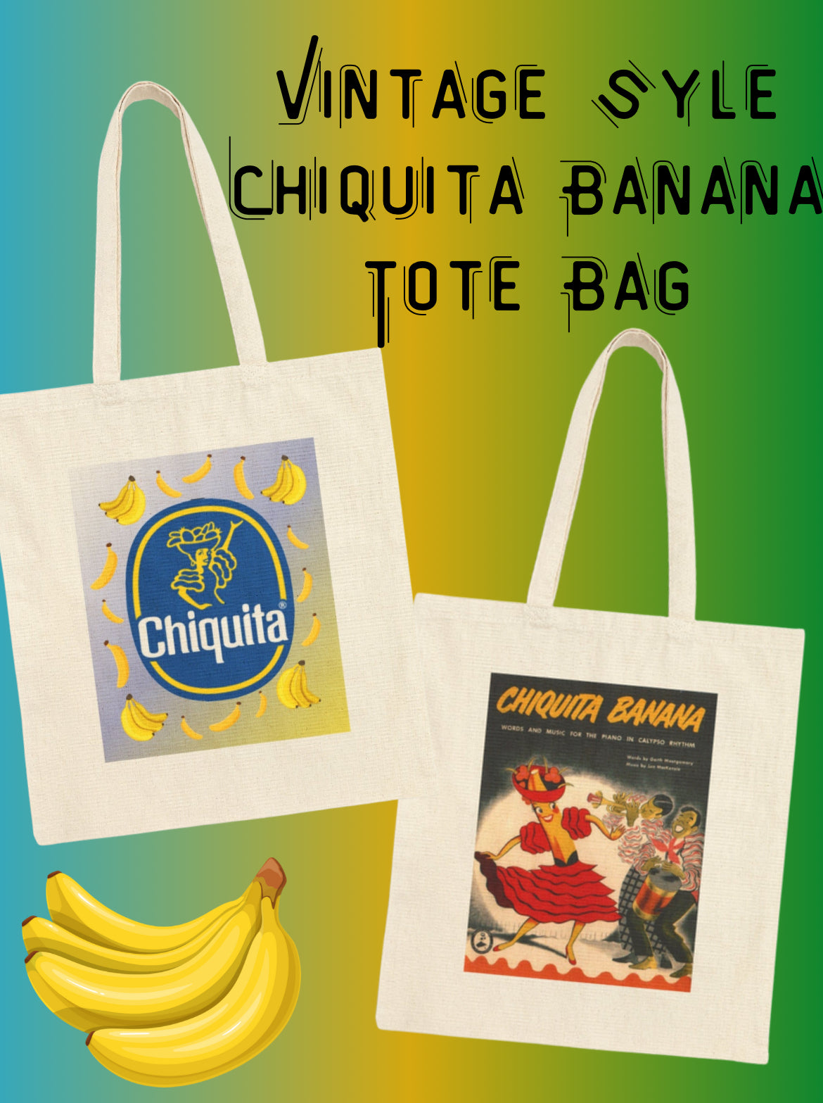 Chiquita Banana Reusable Canvas Tote Bag Grocery Food Bag Vintage Style Logo