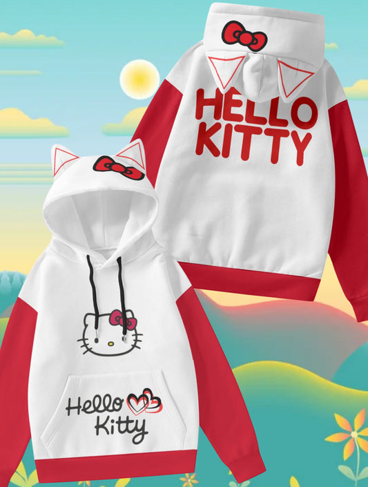 Red and White Hello Kitty Hoodie With Ears