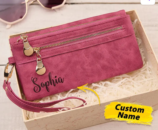 Personalized Leather Wallet with Wristlet Custom Text Wallet Gift for Her